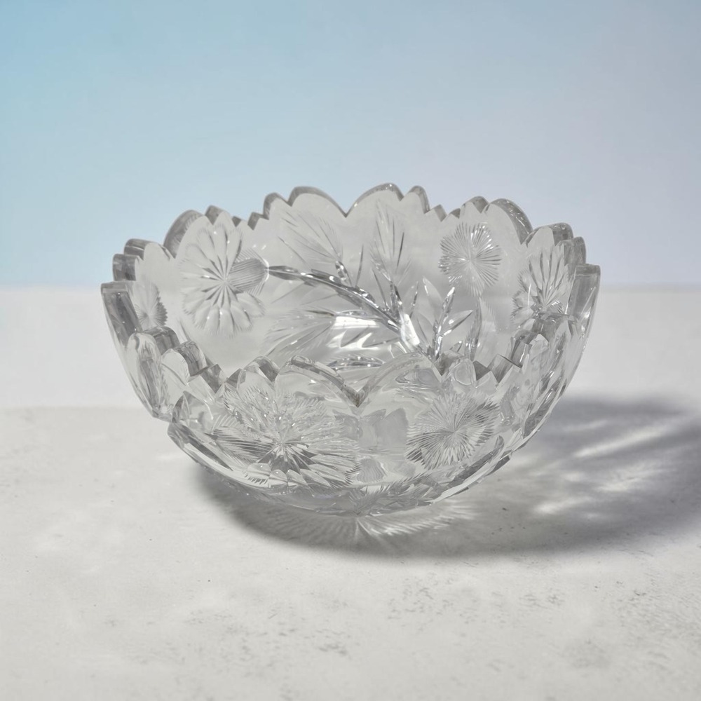 Antique American Brilliant Cut Crystal Bowl 8in Hobstar Pinwheel Sawtooth Rim